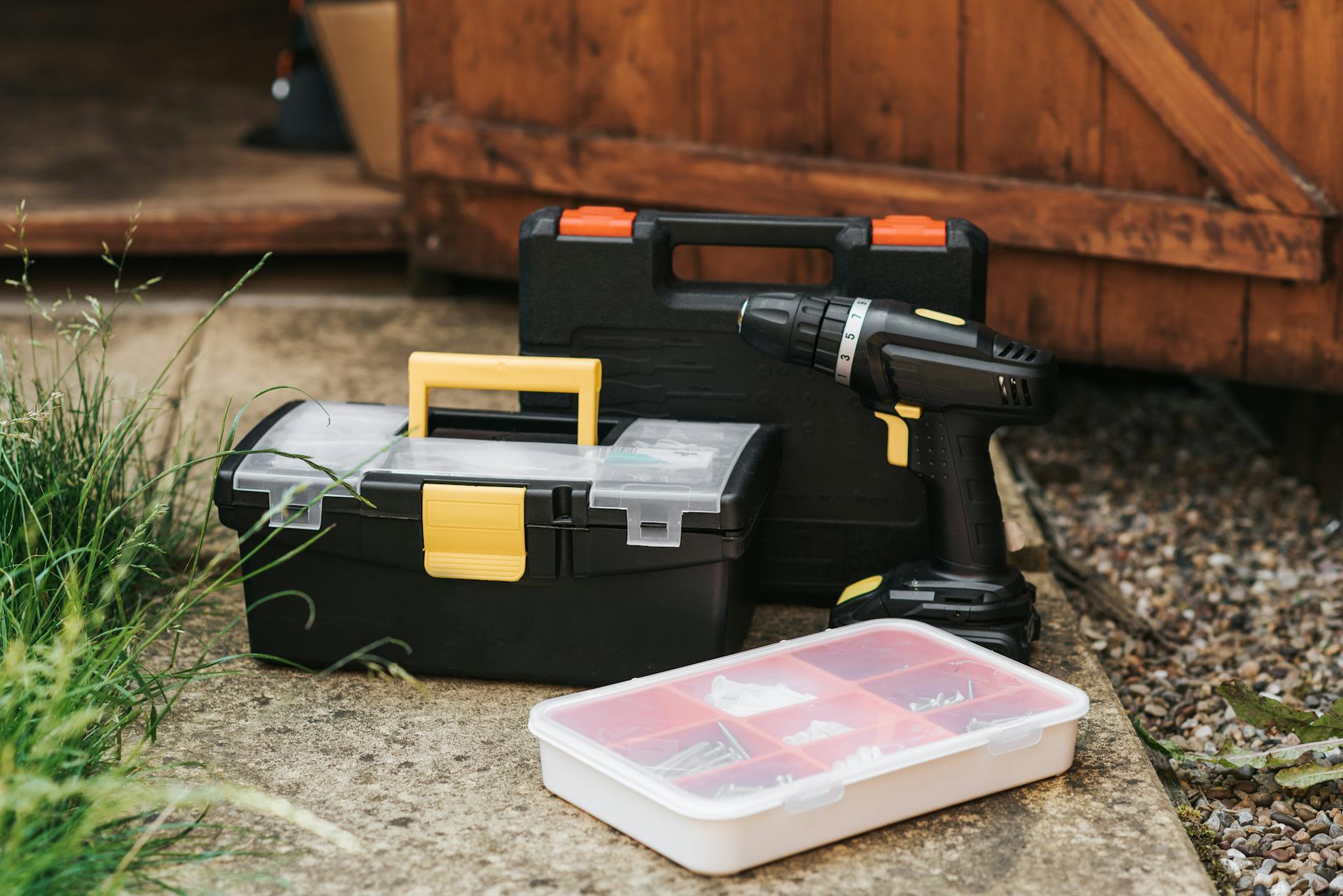 Toolboxes placed near wooden door