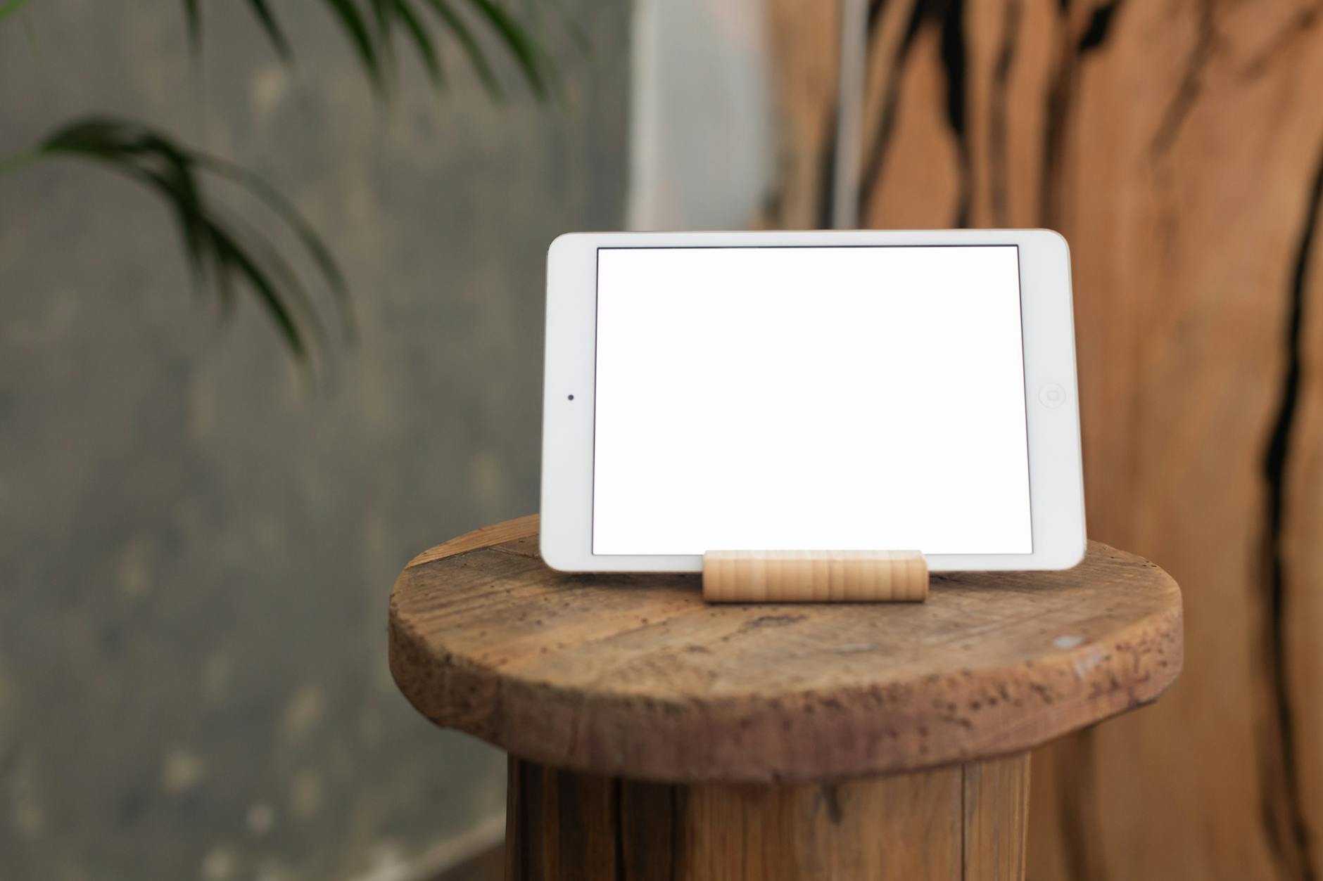 A Tablet with Blank Screen Standing Horizontally on a Bamboo Stand