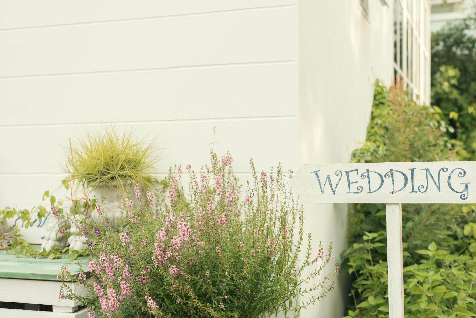 Wedding Sign Near House With Green Plants