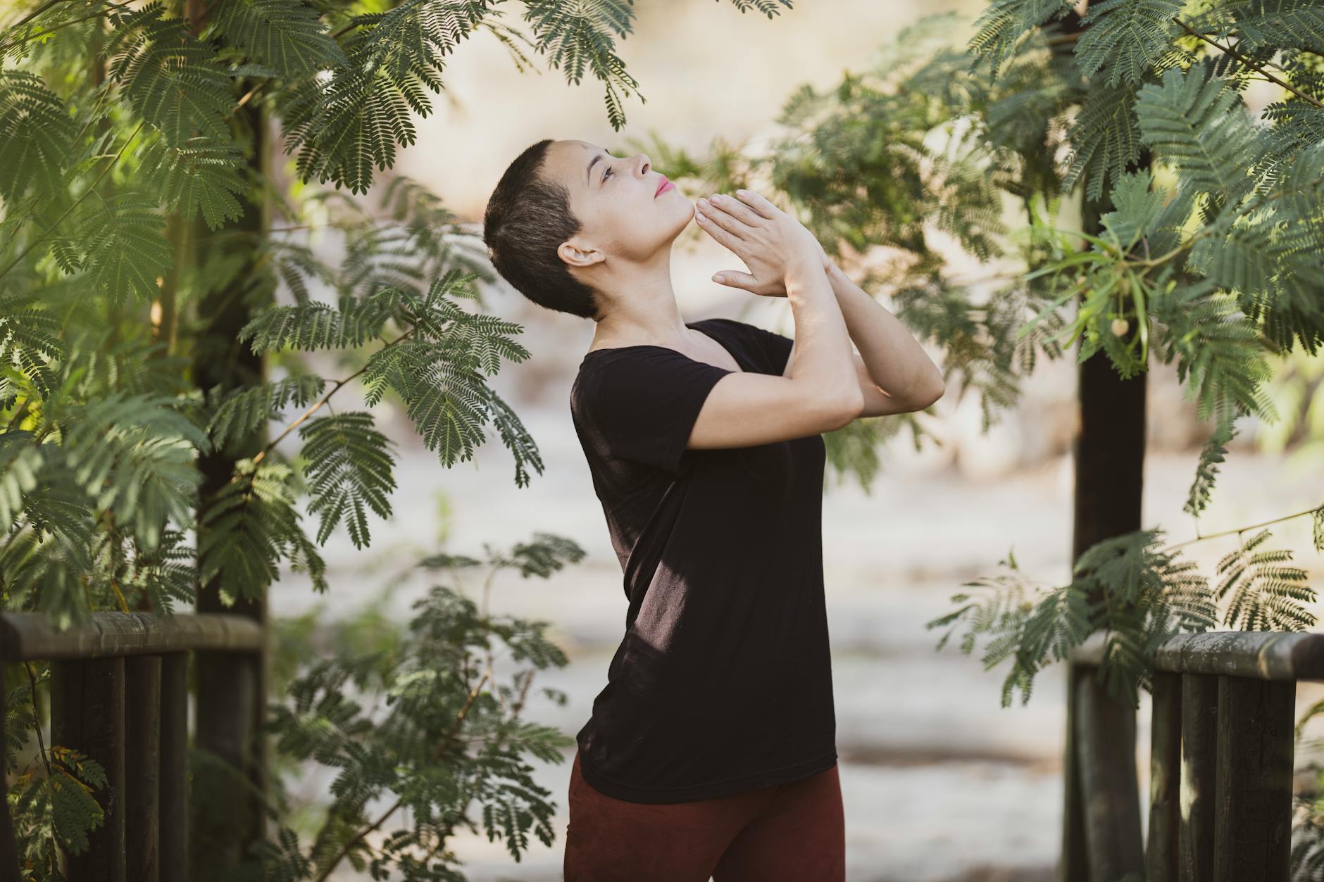 Woman Wearing Black Crew Neck T-shirt Standing Near Leafy Trees