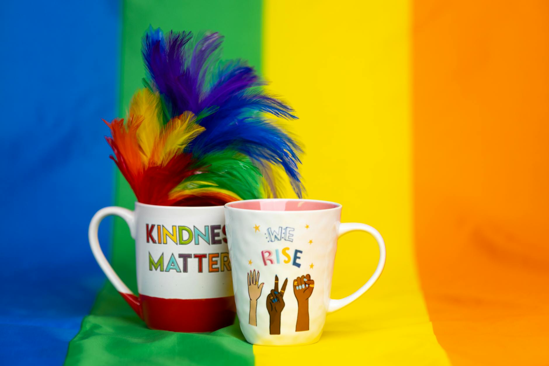 Mugs with Gay Pride Slogans against Rainbow Flag