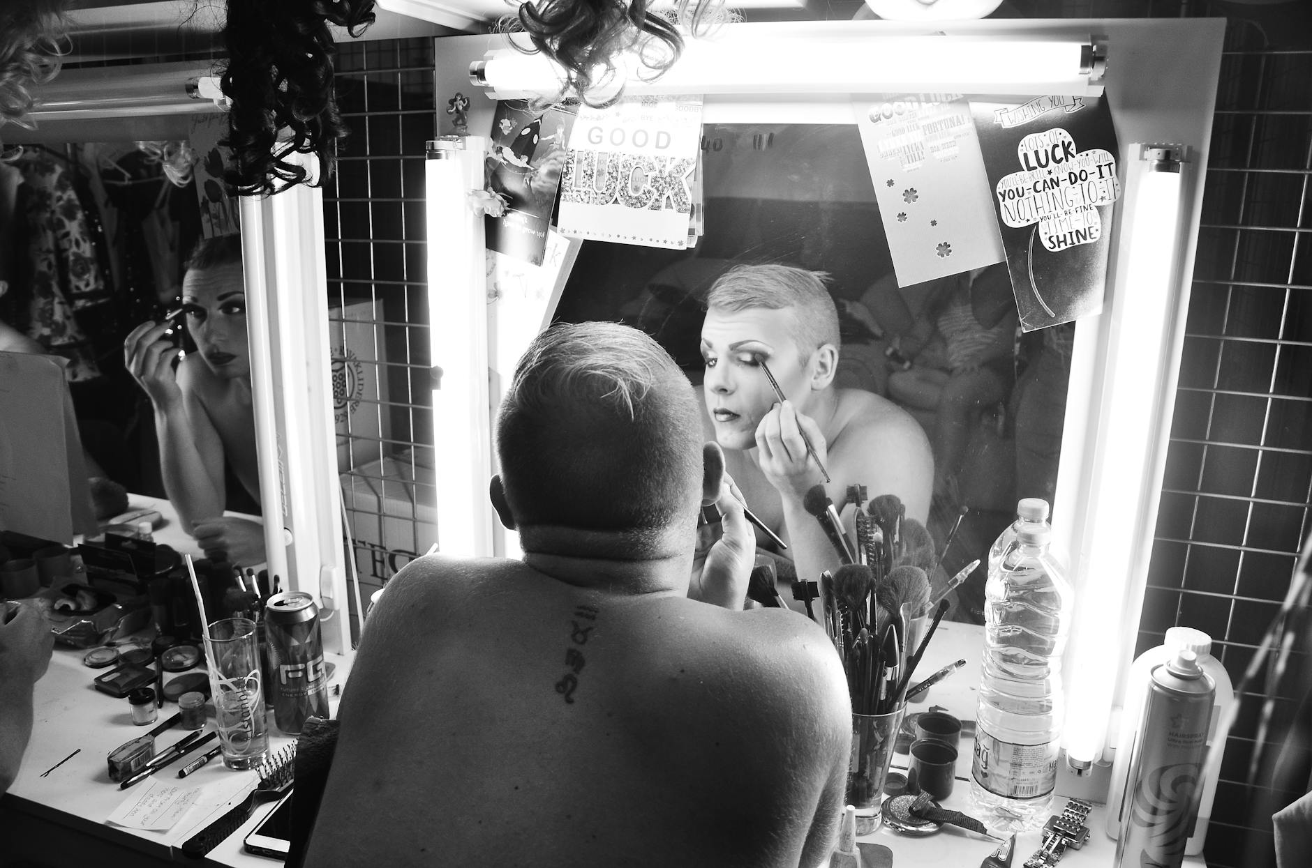 Men Applying Makeup in a Dressing Room